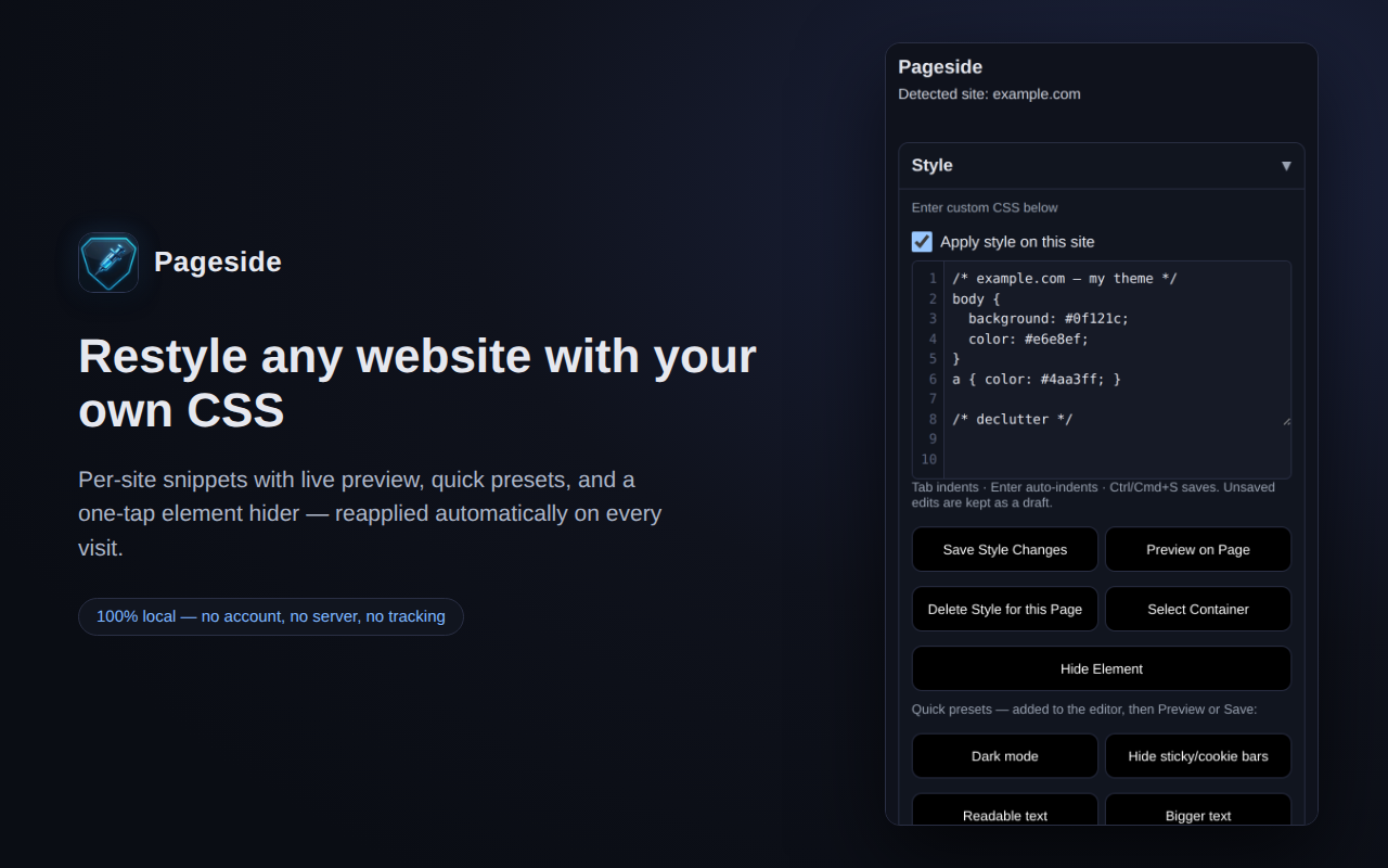 The Pageside popup showing the per-site CSS editor